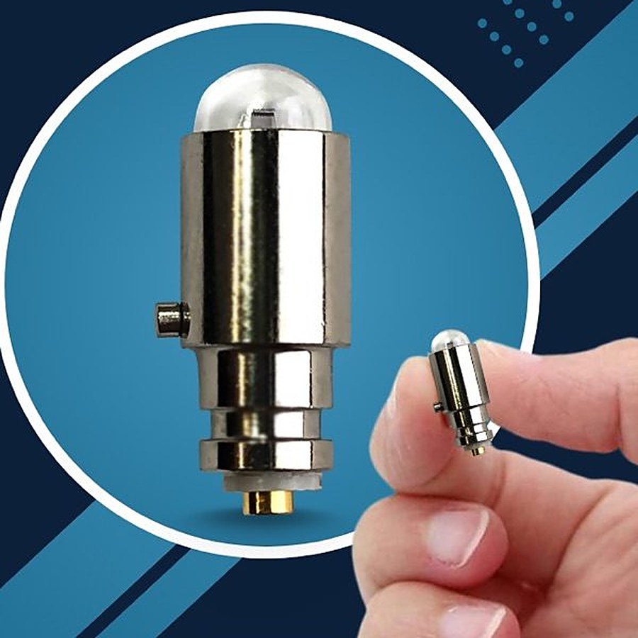 ELVION replacement bulb, shown close up and held between two fingers to show its small size